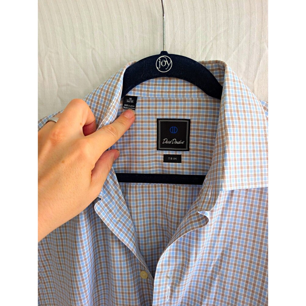 David Donahue Non-Iron Trim Dress Shirt 16 34/35 Blue Brown Check Cotton